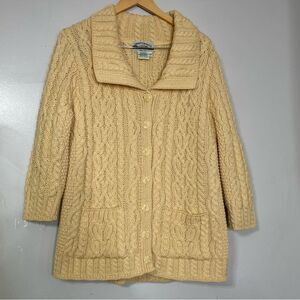 Aran Crafts Cardigan Sweater Medium Soft Yellow Merino Wool Knit Irish Fisherman